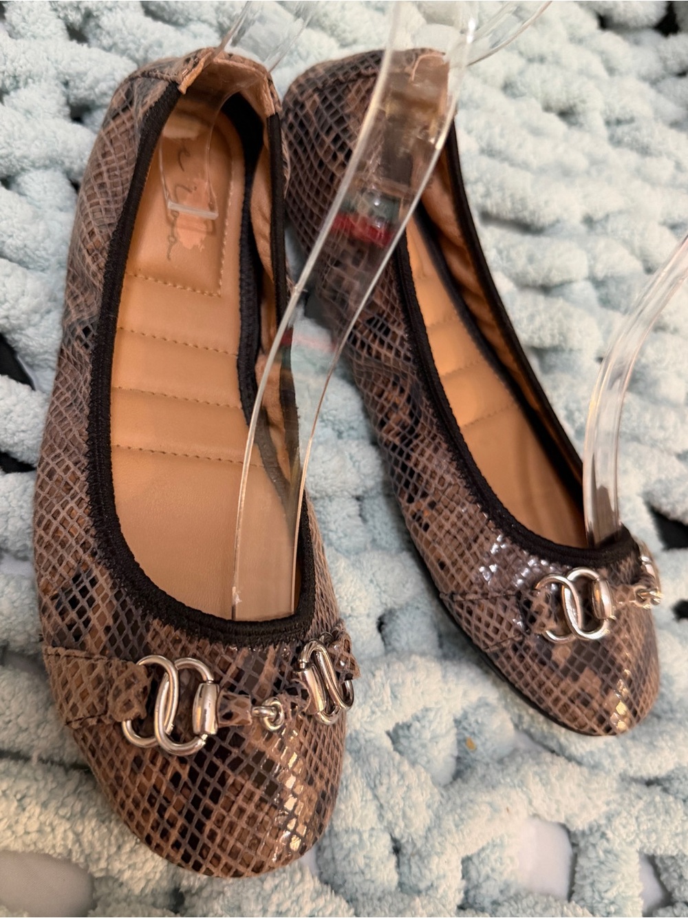 Me Too Brown Snakeskin Ballet Flats with Silver Buckle Accents Sz 6.5